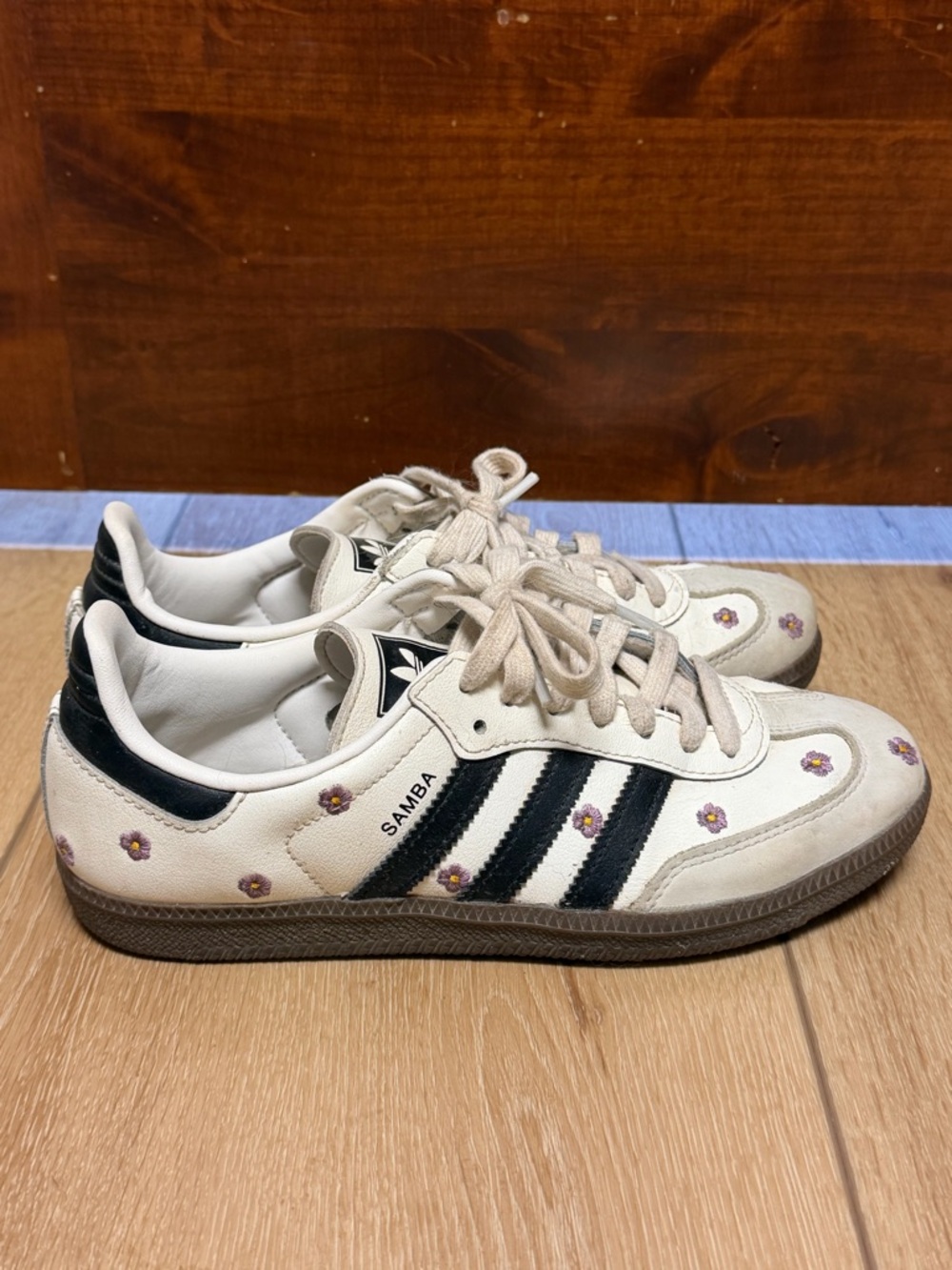adidas Cream and Black Samba Sneakers with Purple Floral Embroidery